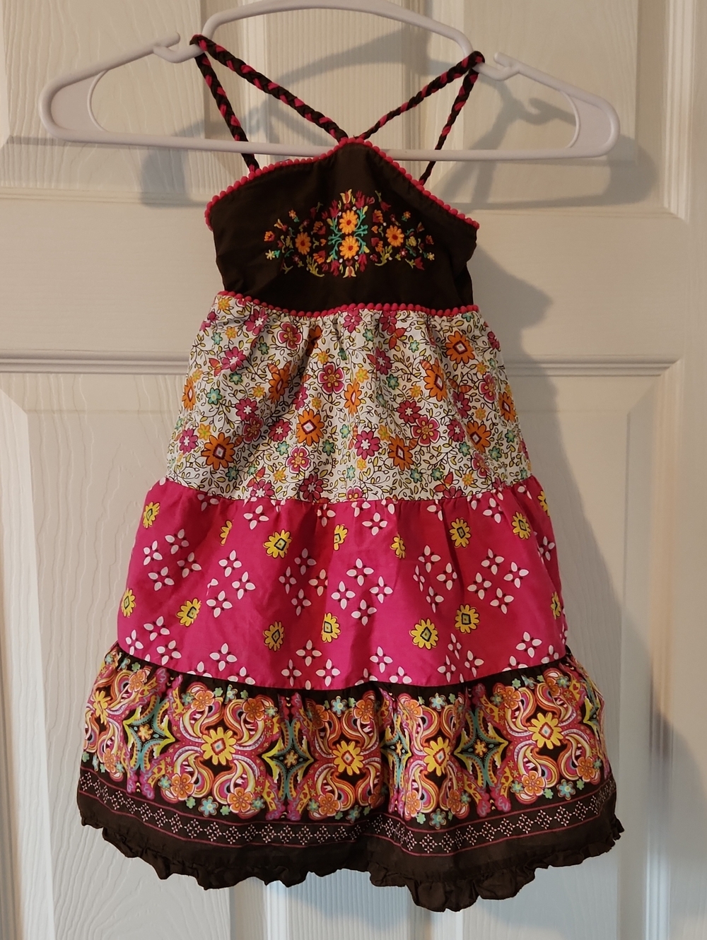 Place 3T Girls Tiered Sundress with Floral Embroidery Brown/ Pink 100% Cotton